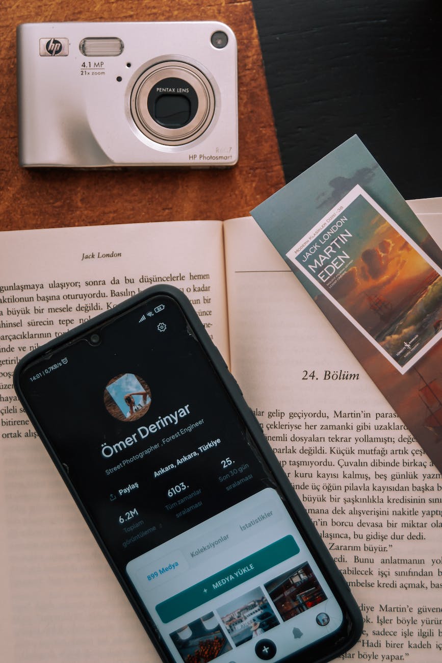 phone a camera and a bookmark on a book